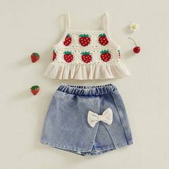 Baby Girl Strawberry Crochet Cami Top and Bow Denim Skorts Set