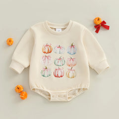 Newborn Baby Girl Pumpkin Print Long-Sleeve Halloween Romper