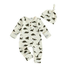 Baby Boys Dinosaur Print Long Sleeve Romper & Hat Fall Outfit Set