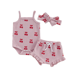 Baby Girl Cherry Print Romper & Shorts Set with Headband