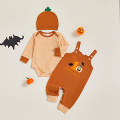 Baby Boy Striped Romper, Pumpkin Bat Pants & Hat Halloween Set