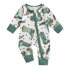 Baby Boy Long Sleeve, Crew Neck, Boots Print, Zippered Romper