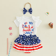 Baby Girl Star Pattern Independence Day Outfit With Matching Headband