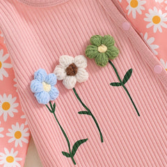 Baby Girl Floral Button-Down Romper with 3D Flowers, Long Sleeve & Hat Set