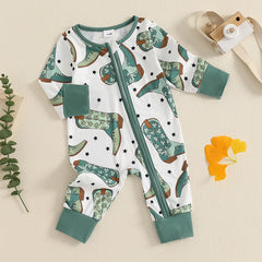 Baby Boy Long Sleeve, Crew Neck, Boots Print, Zippered Romper