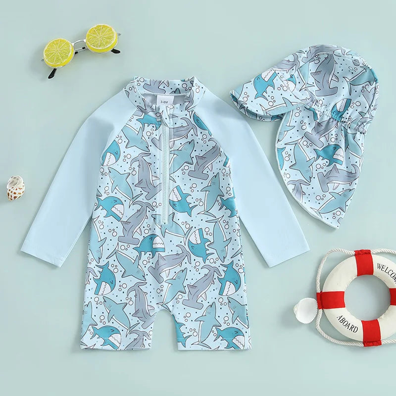 Baby Boys Rash Guard Swimsuit with Swim Cap | Comfy Tummies