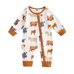 Baby Boy Cow & Horse Print, Long Sleeve, Zip-Up Fall Romper