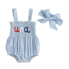 Baby Girl July 4th Outfit Plaid Letter Embroidery Romper Headband Summer Set