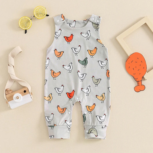 Unisex Infant Hen Print Straps Sleeveless Romper
