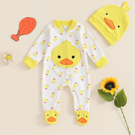 Unisex Newborn Duck Long Sleeve Footed Romper & Hat