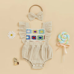 Summer Baby Girl Crochet Romper | Bow Headband
