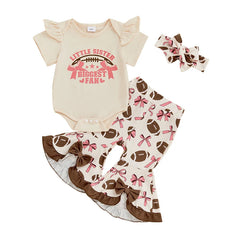 Baby Girl Bow Rugby Print Romper Set with Flare Pants & Headband