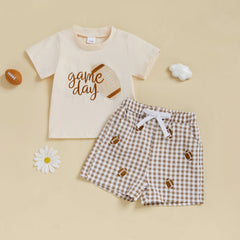 Toddler Baby Boy Letter Print Tee & Plaid Shorts 2-Piece Football Outfit