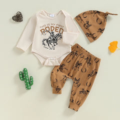 Baby Boy Letter Romper Rodeo Horse Pants & Hat Outfit