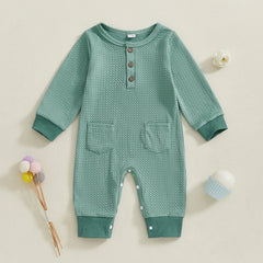 0–18M Unisex Baby Solid Color, Long Sleeve, Button-Up Romper