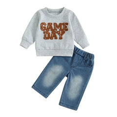 Toddler Boy "Game Day" Embroidered Long Sleeve Top & Denim Pants Fall Outfit