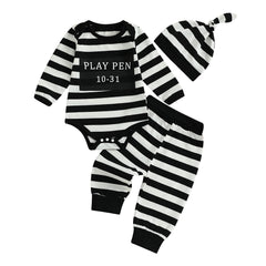 Baby Boys Letter Print Romper, Striped Pants & Cap Halloween Outfit