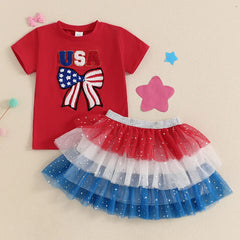 Baby Girl Letter Bow Embroidery 4th of July Outfit
