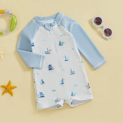 Baby Boys Shark & Palm Print, Long Sleeve, Zip-Up Rash Guard Swimsuit