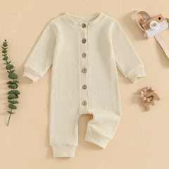 Unisex Waffle Knit Solid Color, Long Sleeve, Button Down Baby Romper