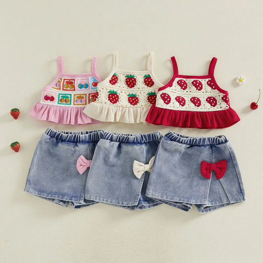 Baby Girl Strawberry Crochet Cami Top and Bow Denim Skorts Set