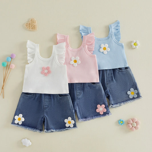 Baby Girls Flower Camisole with Denim Shorts Outfit