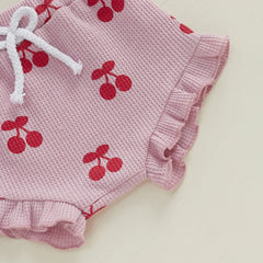 Baby Girl Cherry Print Romper & Shorts Set with Headband