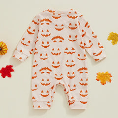 Baby Boy All-over Pumpkin Print Long Sleeve Round Neck Halloween Romper