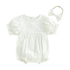 Baby Girl Solid Color Short Sleeve Onesie with Headband