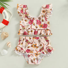 0-3Years Baby Girl Swim Set Flower/Bull Head Print