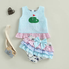 12M - 3T Baby Girl Sleeveless Golf Embroidery Tank Tops + Ruffle Shorts Set
