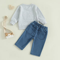 Toddler Boy "Game Day" Embroidered Long Sleeve Top & Denim Pants Fall Outfit