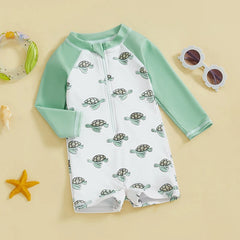 Baby Boys Shark & Palm Print, Long Sleeve, Zip-Up Rash Guard Swimsuit