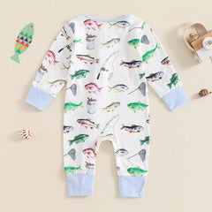 Unisex Baby Autumn Long Sleeve Crew Neck Fish Print Romper