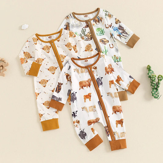 Baby Boy Cow & Horse Print, Long Sleeve, Zip-Up Fall Romper
