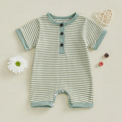 Unisex Newborn Short Sleeve Crewneck Button Front Stripes Print Romper Playsuit