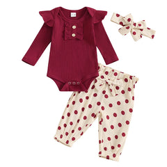 Baby Girl Long Sleeve Romper, Dot Pants & Matching Headband Set