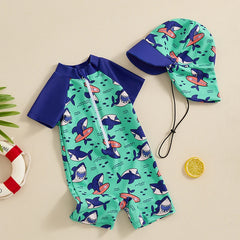 Baby Boy Rash Guard Zip-Up Swimsuit with Sun Hat