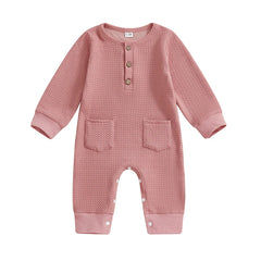 0–18M Unisex Baby Solid Color, Long Sleeve, Button-Up Romper