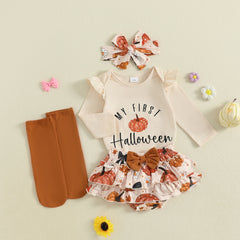 Baby Girl Pumpkin Romper, Tiered Shorts, Leg Warmers & Headband Halloween Set