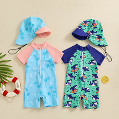 Baby Boy Rash Guard Zip-Up Swimsuit with Sun Hat