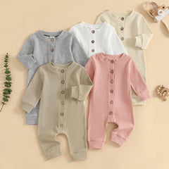 Unisex Waffle Knit Solid Color, Long Sleeve, Button Down Baby Romper