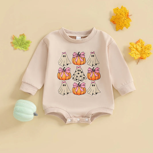 Newborn Girl Long Sleeve Ghost & Pumpkin Print with Bow Halloween Onesie