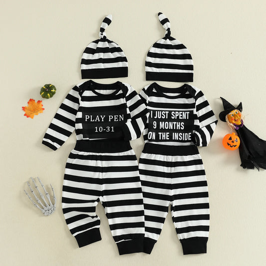 Baby Boys Letter Print Romper, Striped Pants & Cap Halloween Outfit