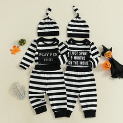 Baby Boys Letter Print Romper, Striped Pants & Cap Halloween Outfit