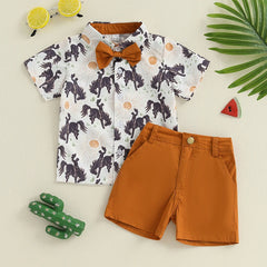 Toddler Baby Boy Western Print Shirt, Bow Tie & Shorts Gentleman Outfit