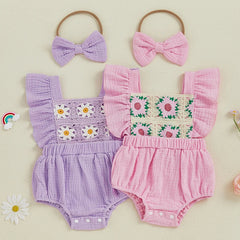 Summer Baby Girl Crochet Romper | Bow Headband