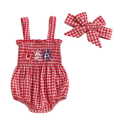 Baby Girl July 4th Outfit Plaid Letter Embroidery Romper Headband Summer Set