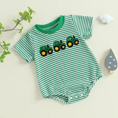 Baby Boys Waffle Truck Embroidery Stripe Short Sleeve Onesie