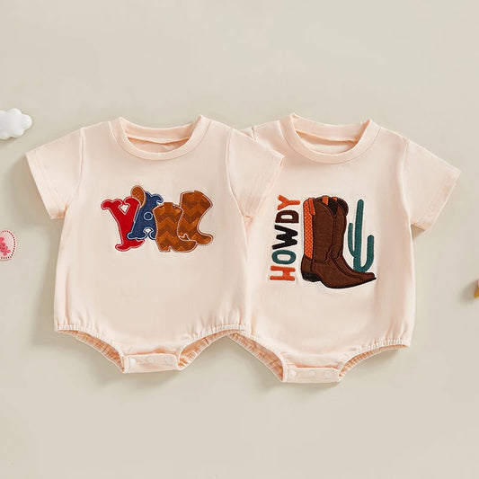Baby Unisex Western Cowgirl Letter Boot Print Short Sleeve Onesie